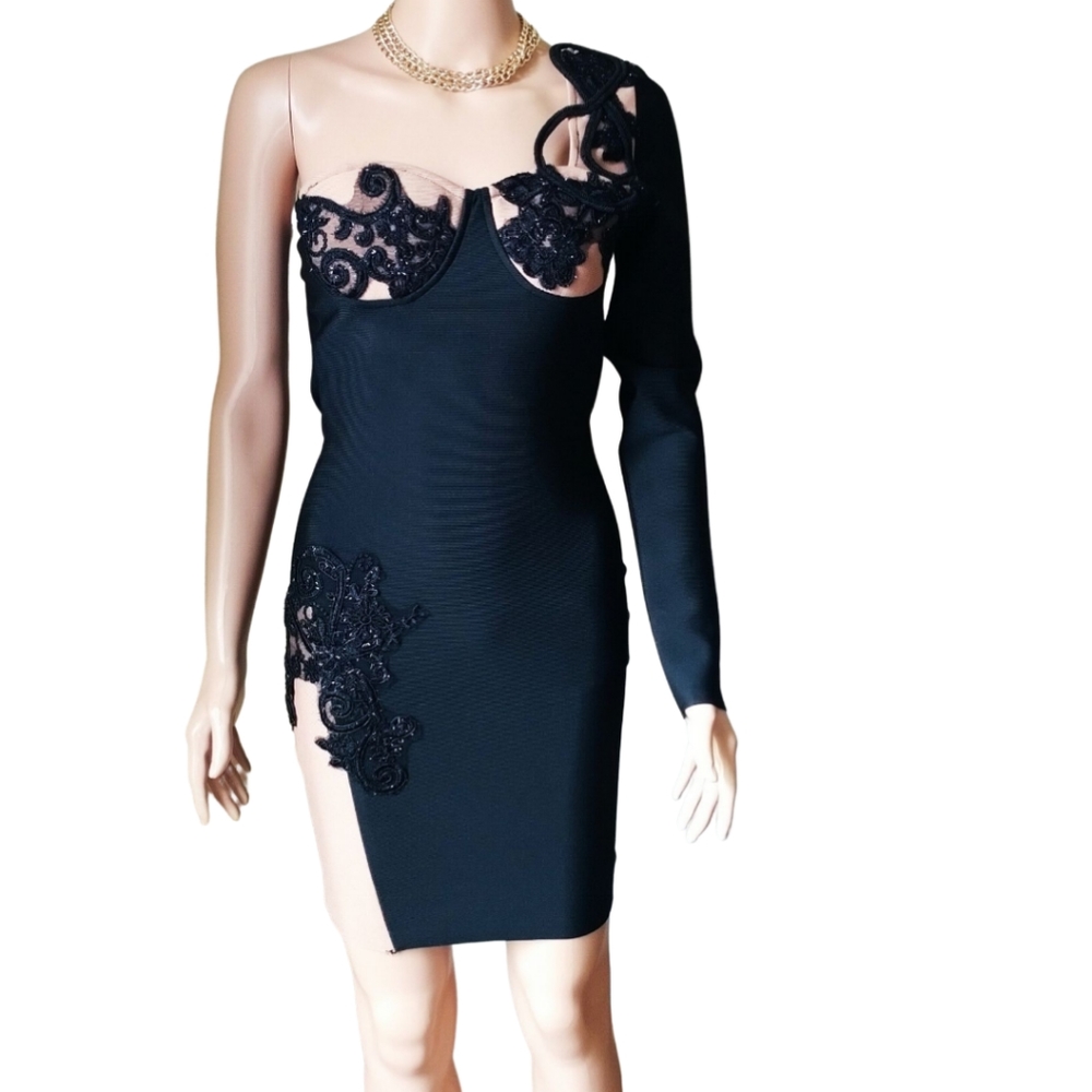 Women's Sexy One Shoulder Bodycon Long Sleeve Above Knee Cocktail Party Dress